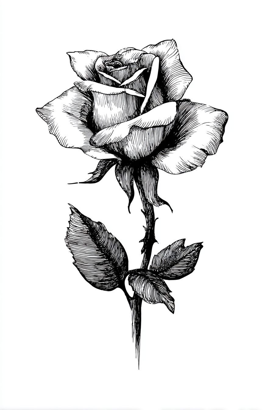 Elegant Black and White Rose with Detailed Leaves