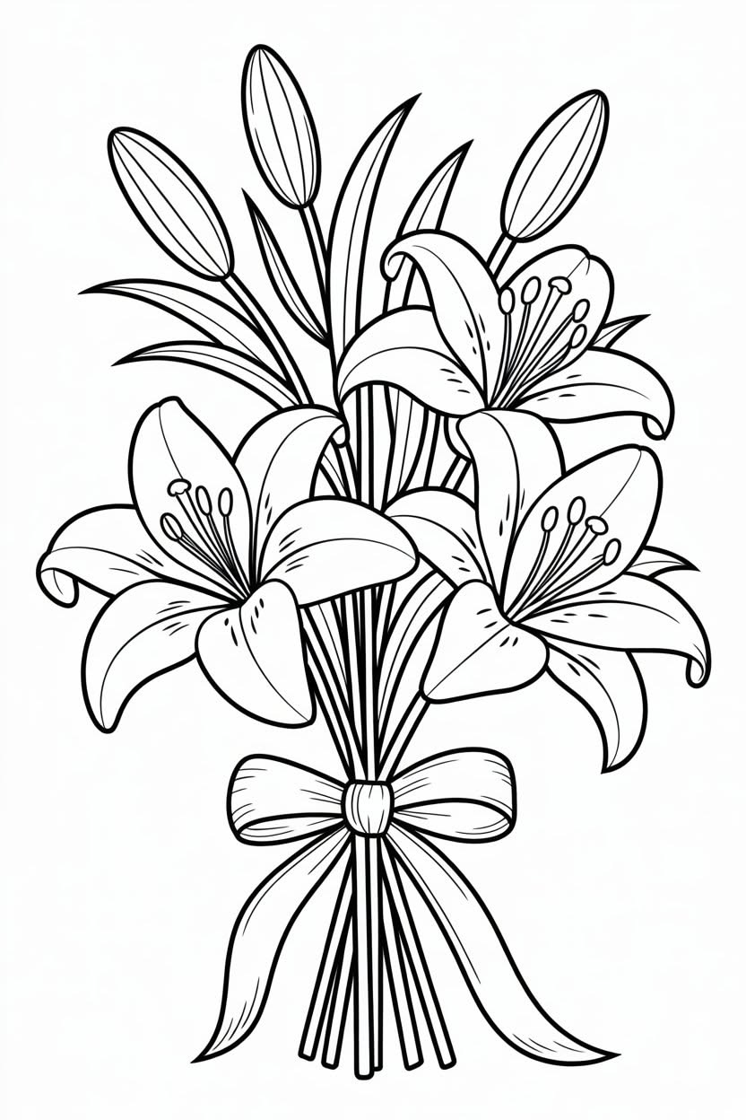 Flower Drawing: Elegant Lily Bouquet with Bow