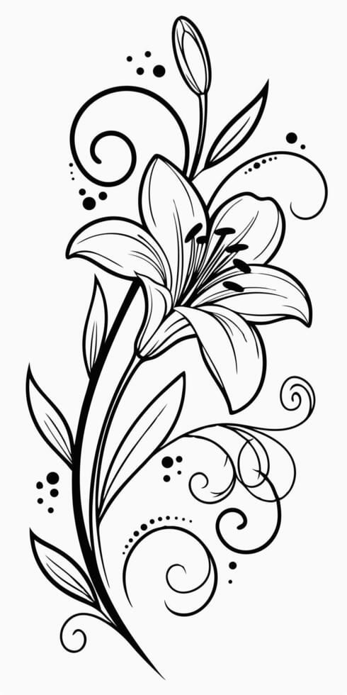 Flower Drawing: Elegant Lily with Artistic Swirls
