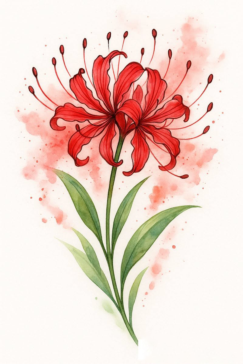 Elegant Red Spider Lily with Graceful Green Leaves