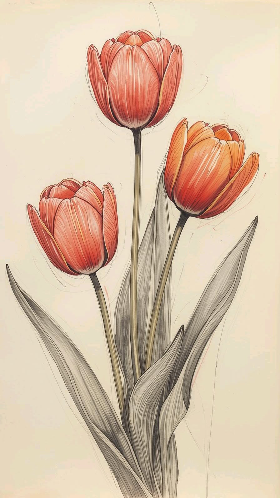 Elegant Trio of Orange Tulips with Lush Green Leaves