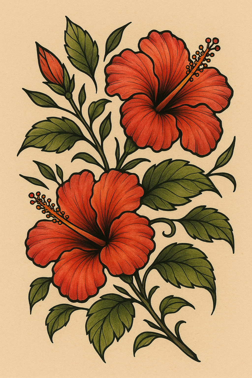 Vibrant Hibiscus Blooms with Lush Green Leaves