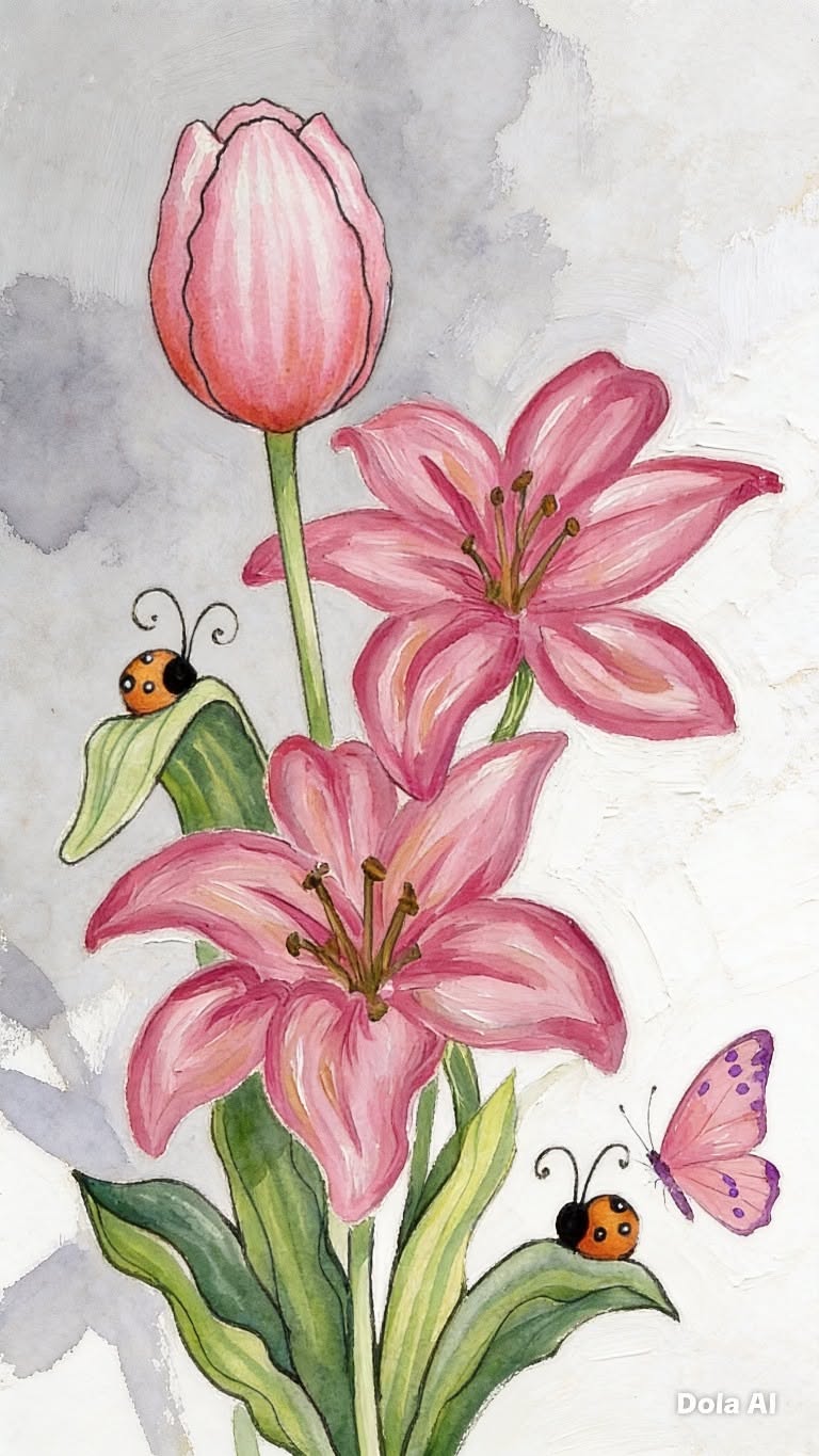 Vibrant Pink Lily and Tulip with Butterflies