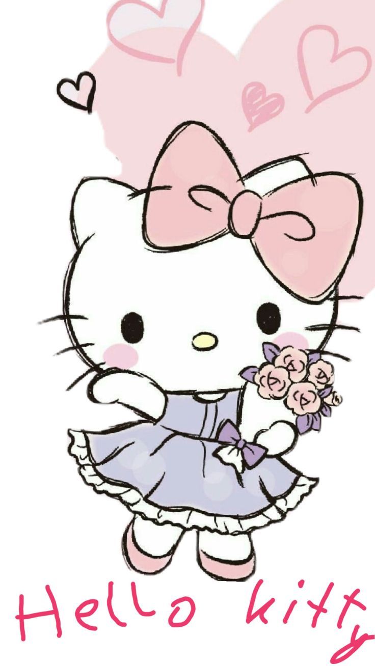 Hello Kitty Drawing: Charming in a Dress with a Bouquet of Flowers