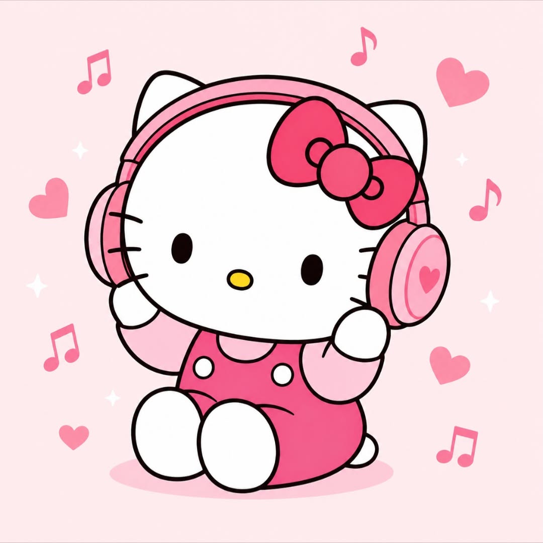 Hello Kitty Drawing: Listening to Music with Headphones