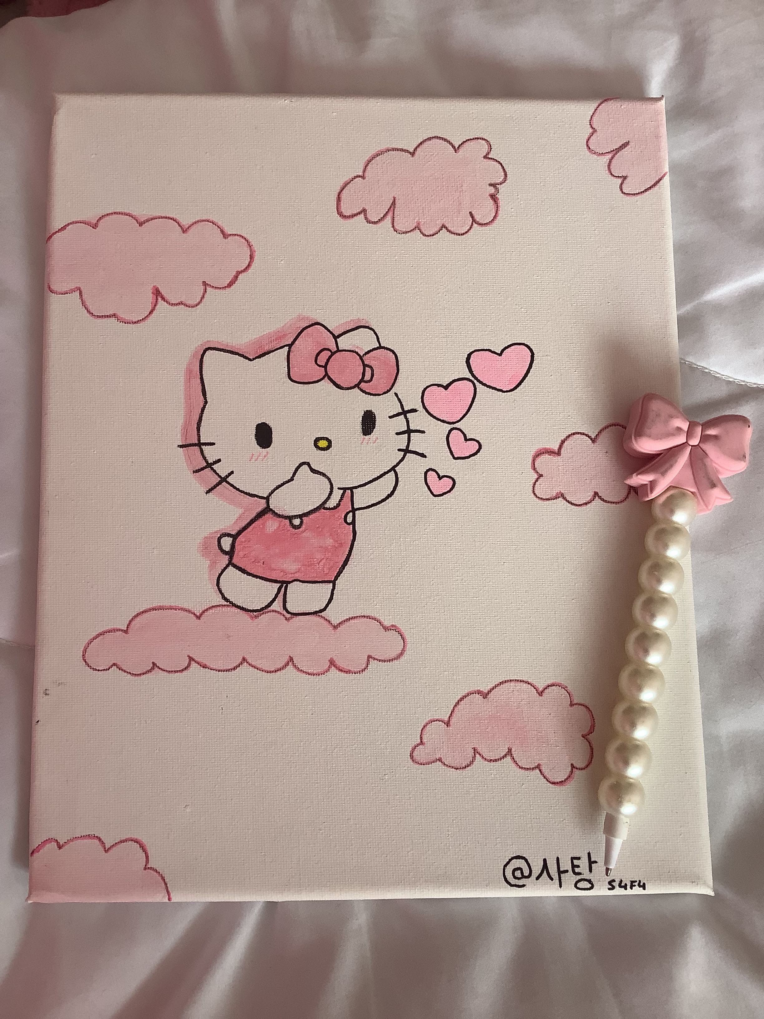 Whimsical Pose with Pink Clouds and Hearts