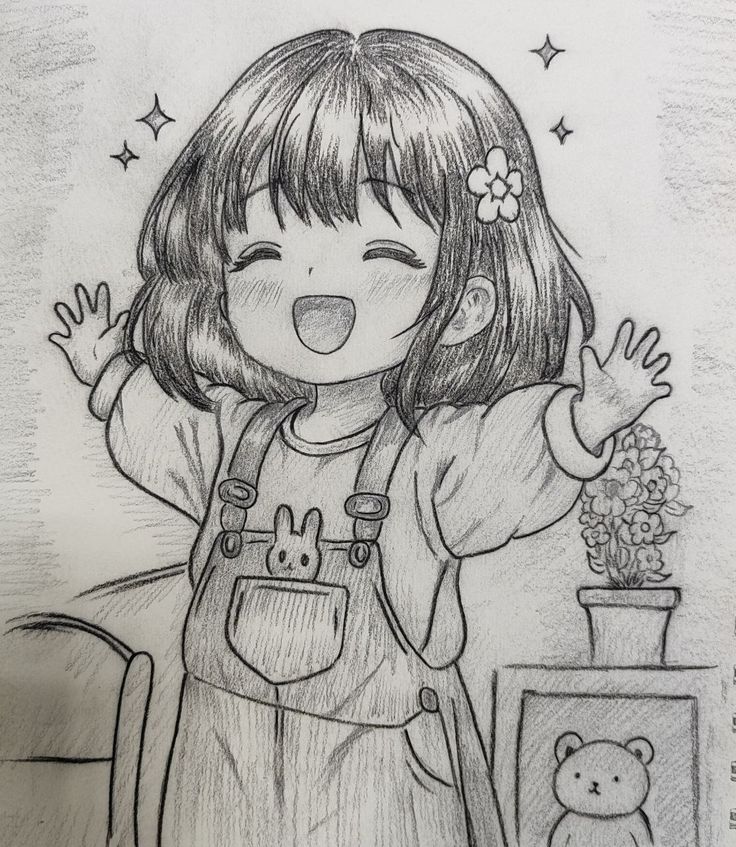 Cute Happy Girl with Bob Cut and Bunny Overalls