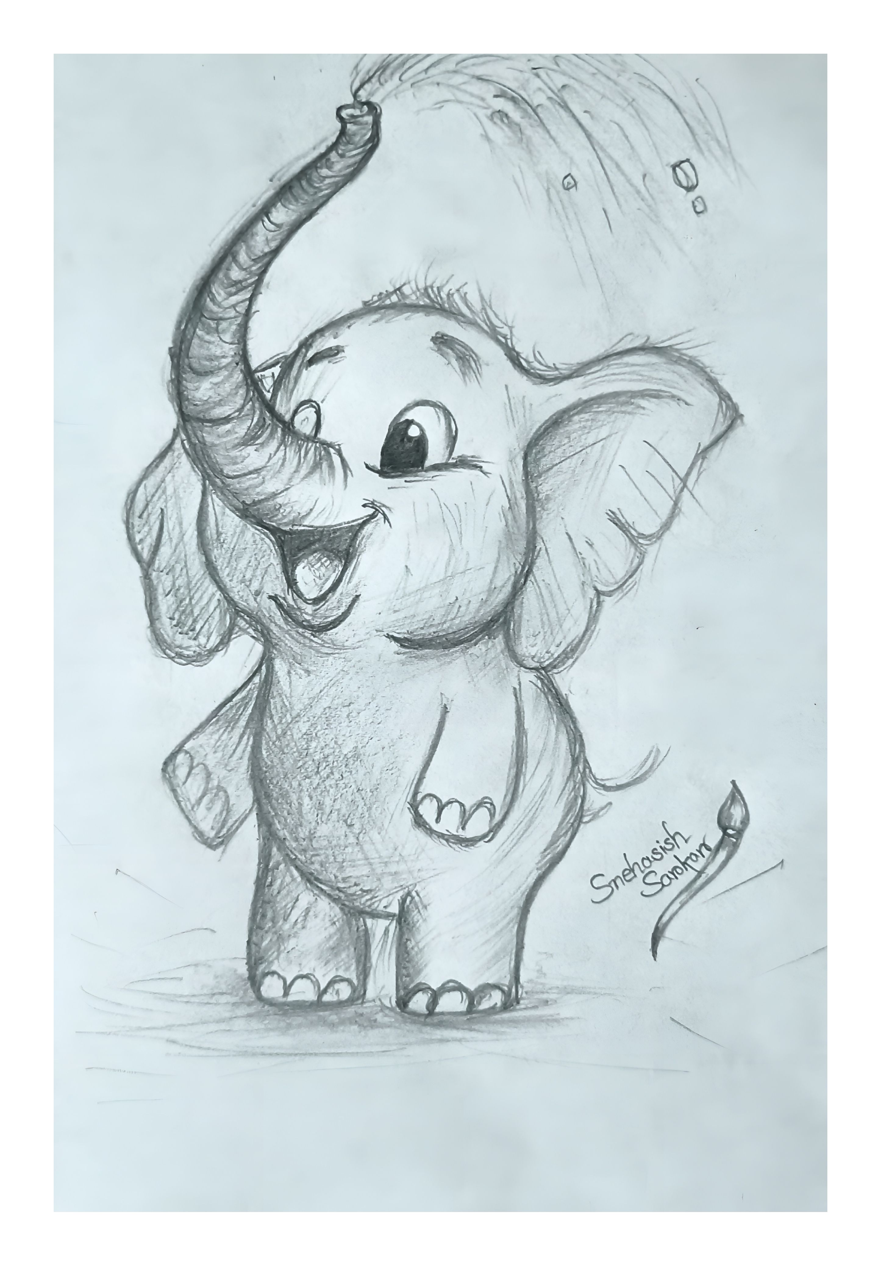Pencil Drawing to Draw: Adorable Baby Elephant with a Party Hat