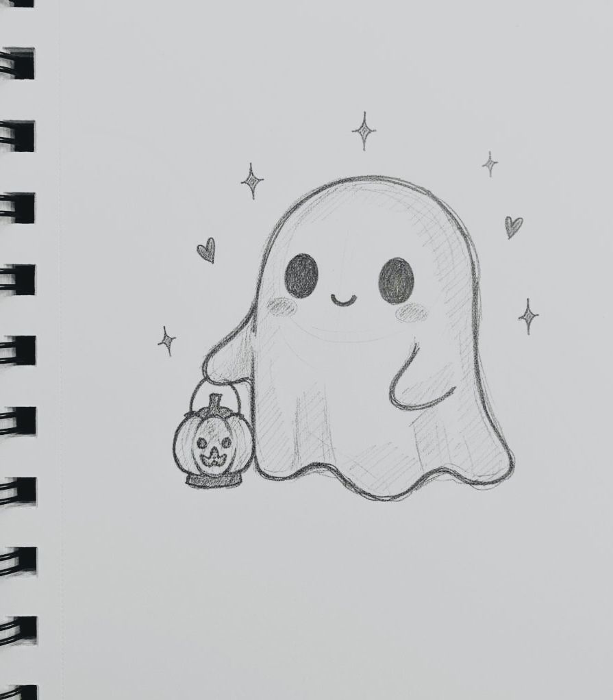 Adorable Ghost with Pumpkin Lantern