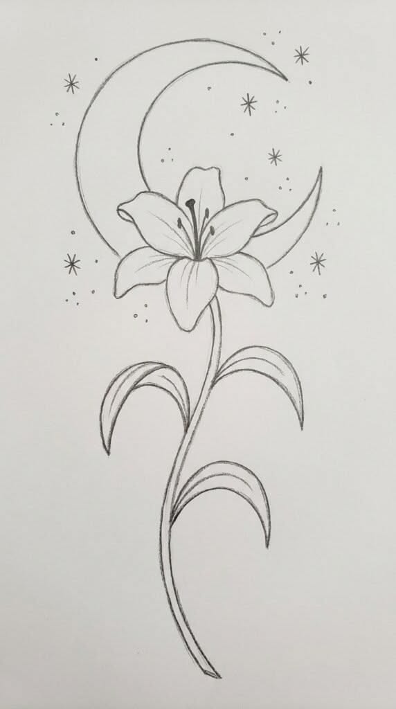 Elegant Lily Flower with Moon and Stars