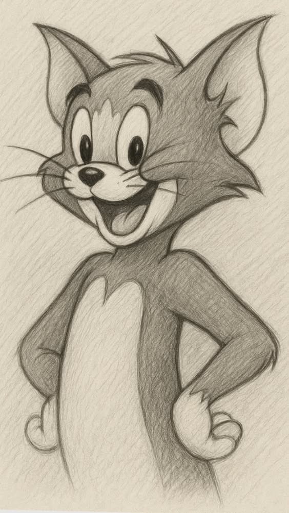 Fun Tom Cat Character Pencil Drawing to Draw