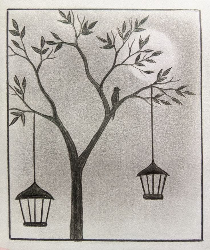 Serene Tree with Lanterns and Bird