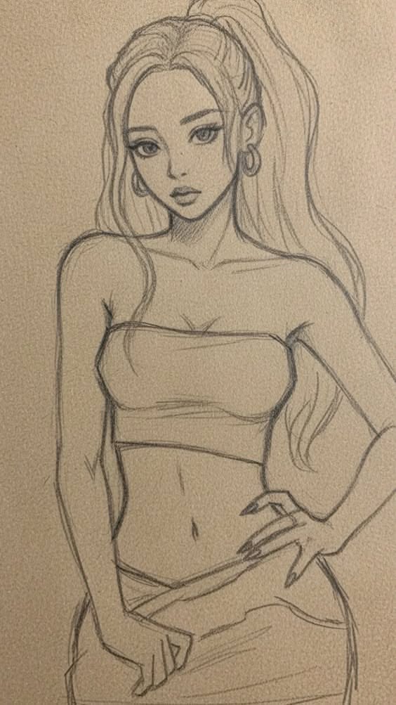 Stylish Woman in Crop Top and Long Hair