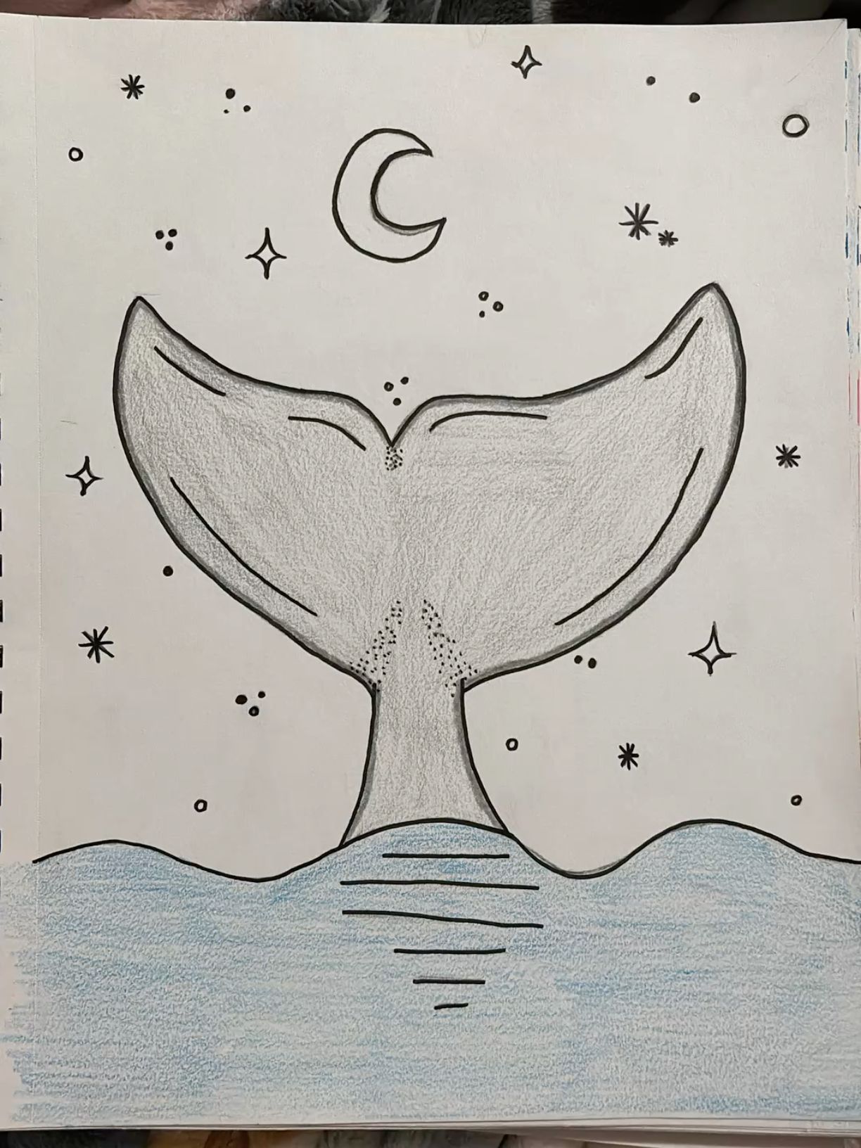 Whale Tail Surrounded by Stars and Moon