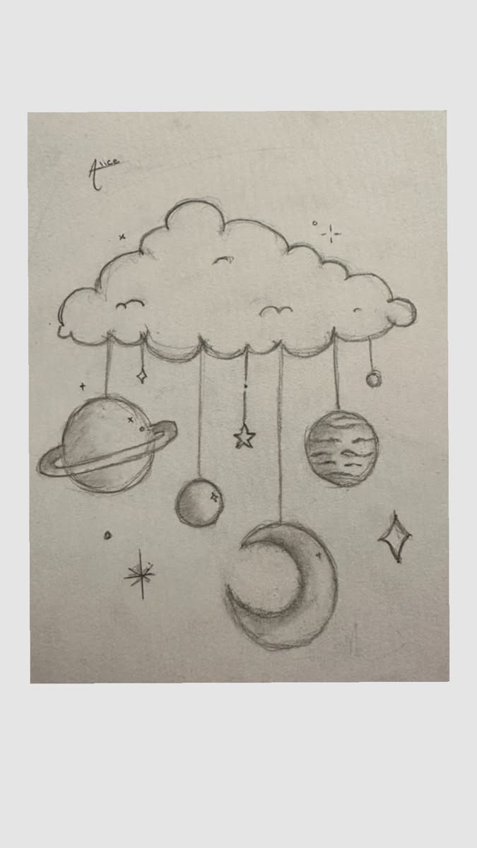 Adorable Cloud with Planets and Stars Drawing