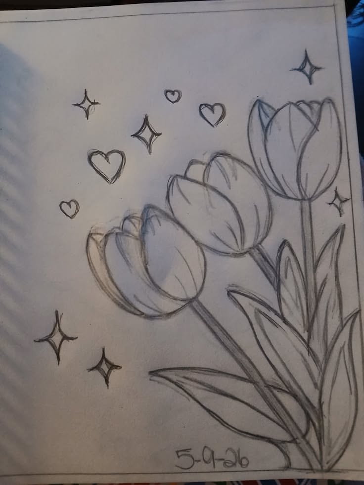 Elegant Tulip Sketch with Hearts and Stars