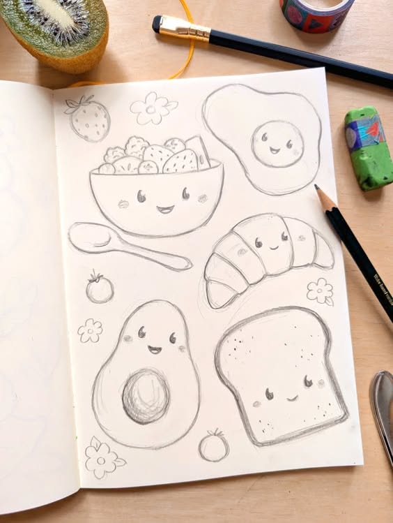 Cute Food Character Sketches with Faces