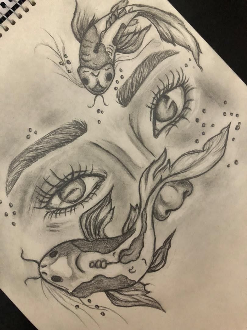 Intricate Koi Fish and Eye Fusion Art