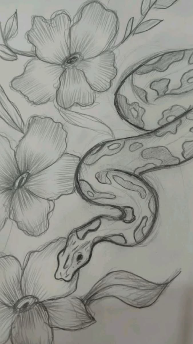 Serpent Among Blossoms Floral and Snake Pencil Sketch