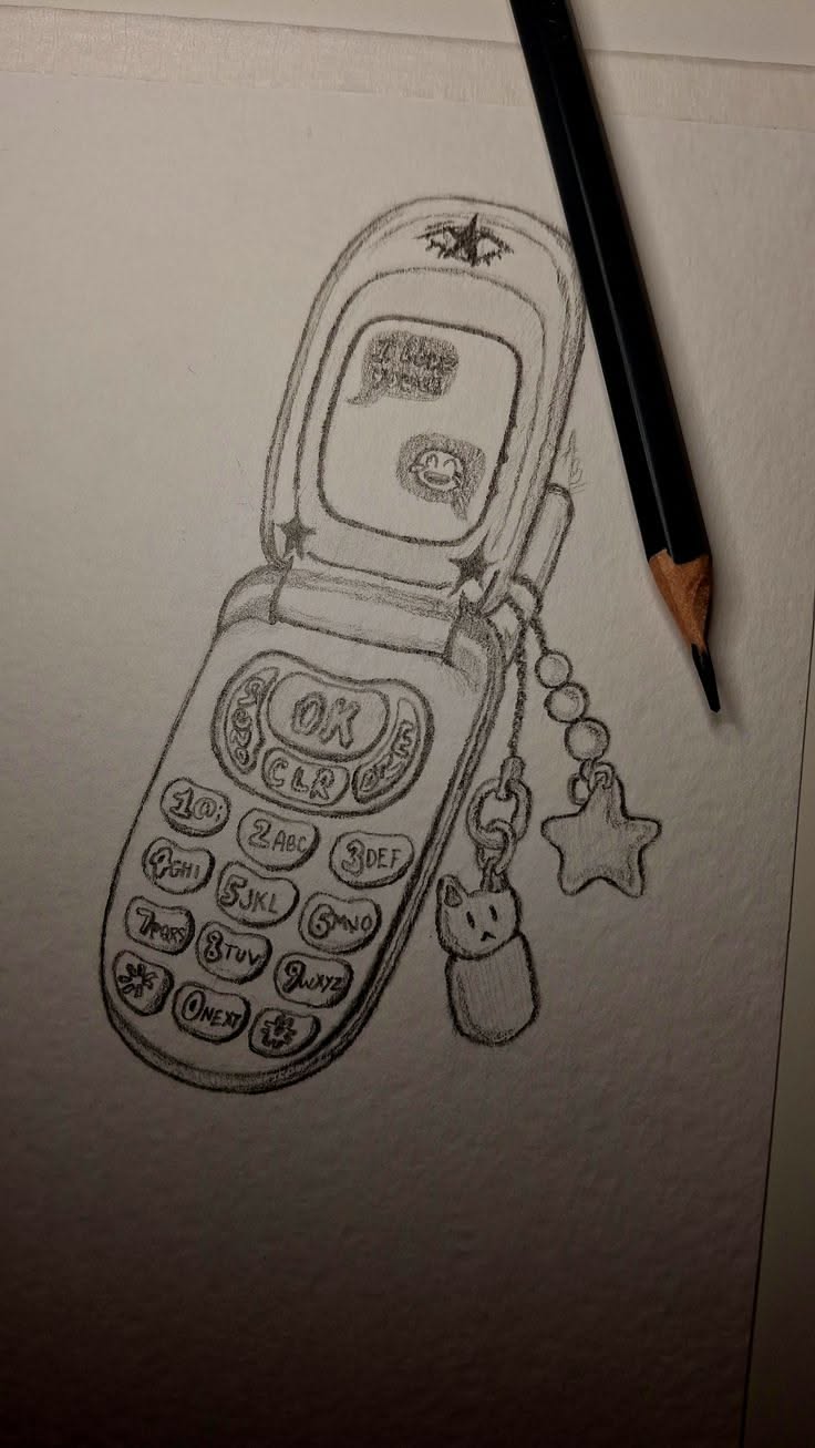 Vintage Flip Phone Pencil Sketch