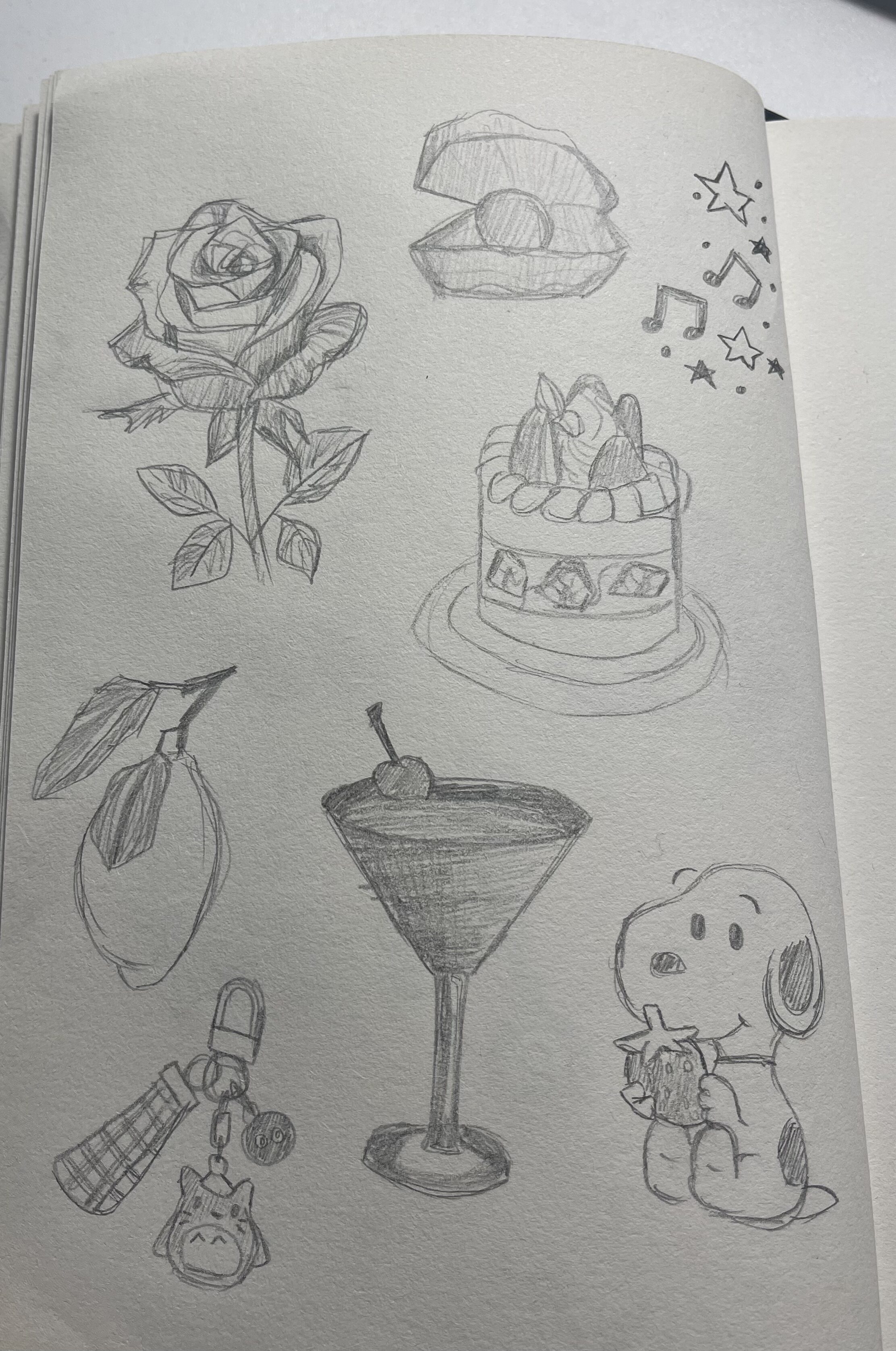 Adorable Sketches of a Rose, Cake, and a Cute Dog