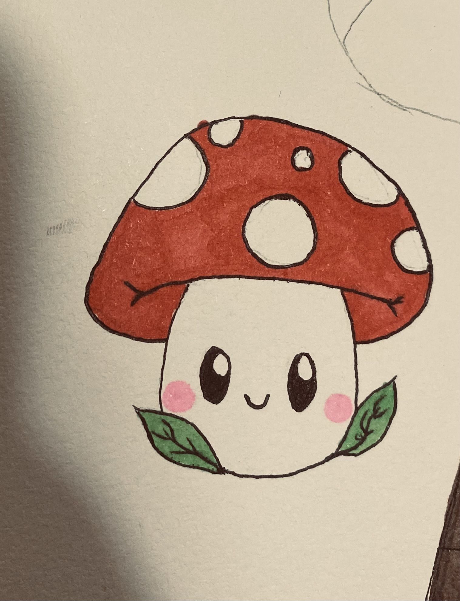 Cute Mushroom with Red Cap and Leaves