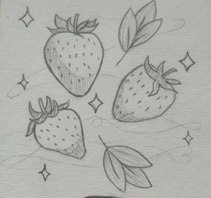 Cute Sketches of Strawberries with Leaves
