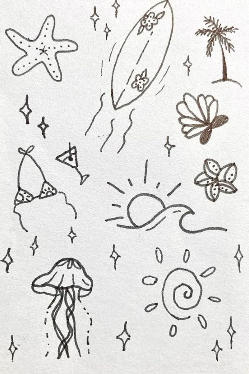 Fun Beach-themed Doodles with Surfboards and Sea Creatures