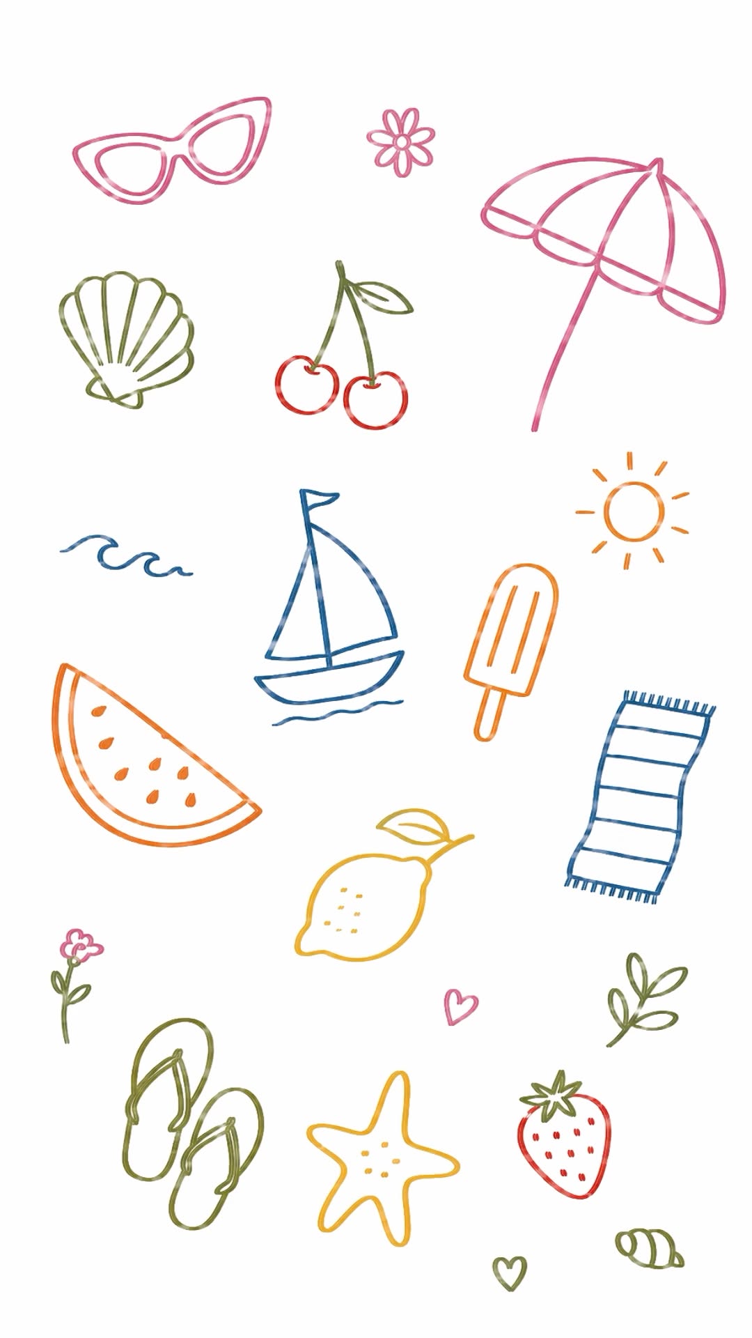 Fun Summer Icons with Sunglasses, Watermelon, and Sailboat