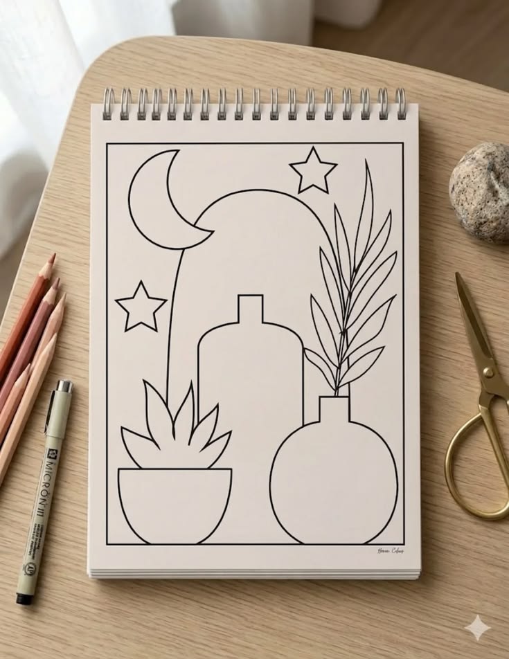 Stuff to Draw: Modern Line Art with Plants and Moon