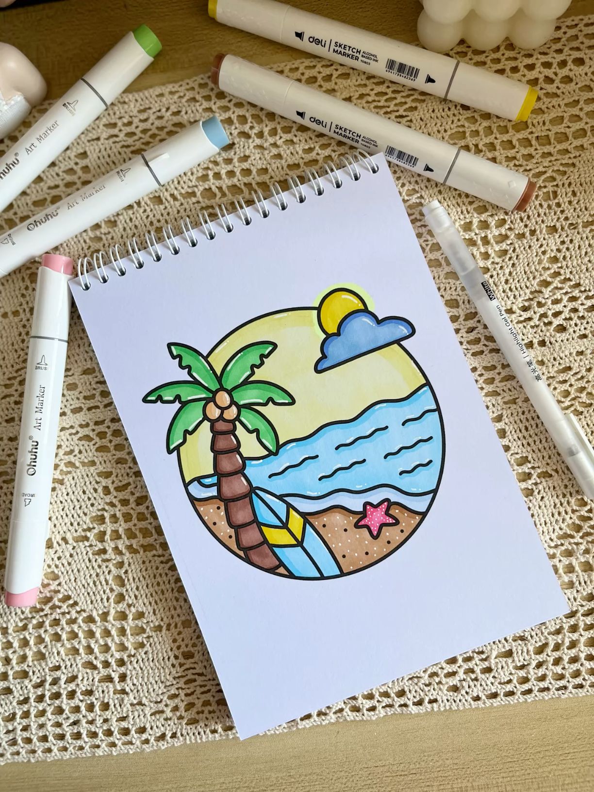 Tropical Beach Scene with Palm Tree and Sun