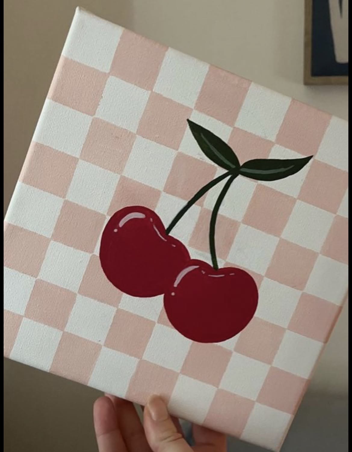Cute Red Cherries on Pink Checkerboard