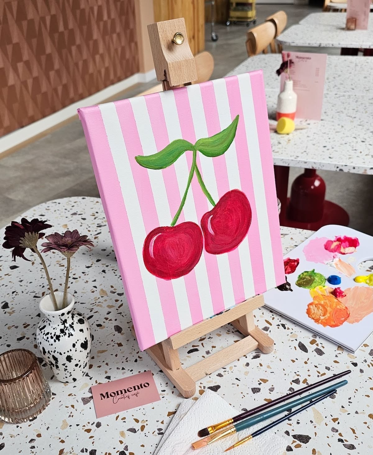 Cute Red Cherries on Pink Stripes
