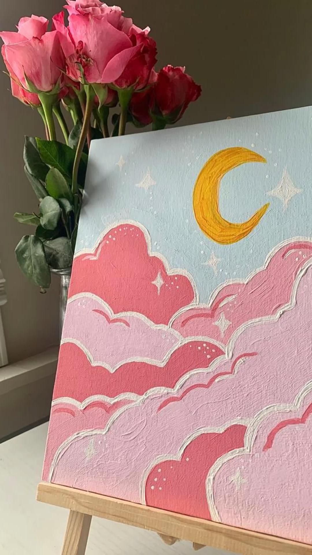 Dreamy Pink Clouds with Crescent Moon